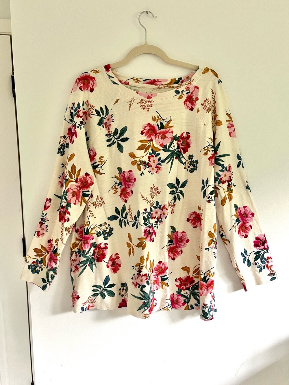 LOFT Ivory Cream Spring Floral Print Long Sleeve Plus Size Crewneck Shirt Top
